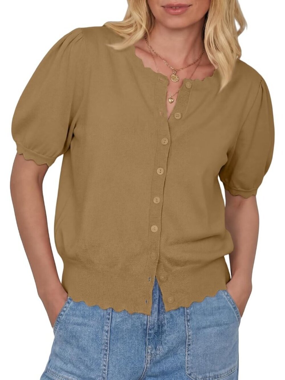 Women's Camel Short Sleeve Crew Neck Button Up Imported Sweaters Cardigan